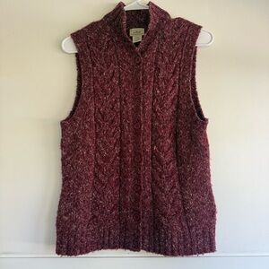 LL BEAN Women’s Burgundy Cable Knit Wool Blend Cardigan Sweater Vest Academia